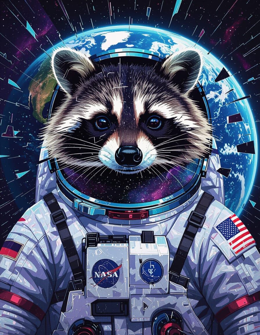 Glitch Art Raccoon Astronaut with Nebula Reveal
