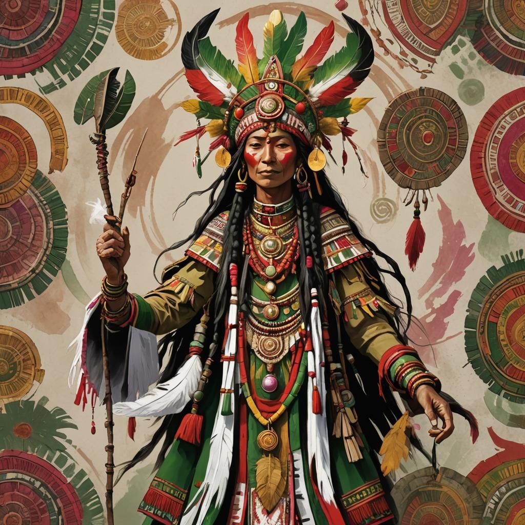 Vibrant Female Shaman in Colorful Regalia