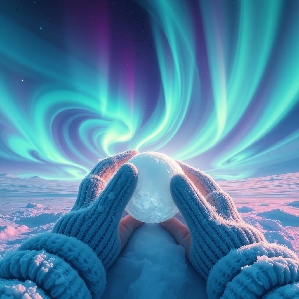 Surreal Snowball Emanates Ethereal Glow under Northern Light...