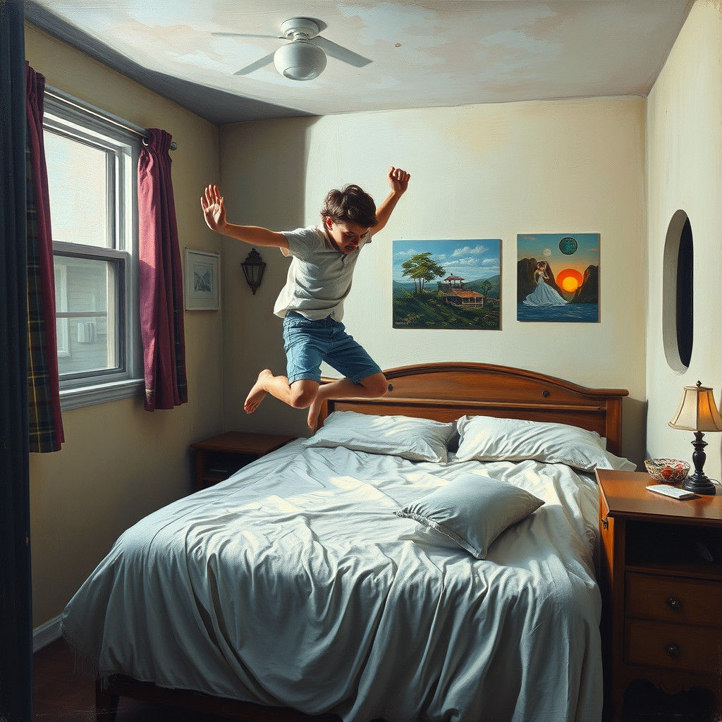 Teenage Boy's Nostalgic Jump: Romantic Oil Painting