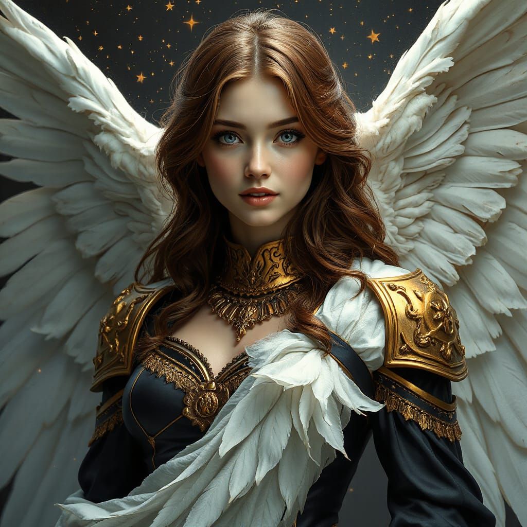 Pre-Raphaelite Angel in Black and Gold Armour