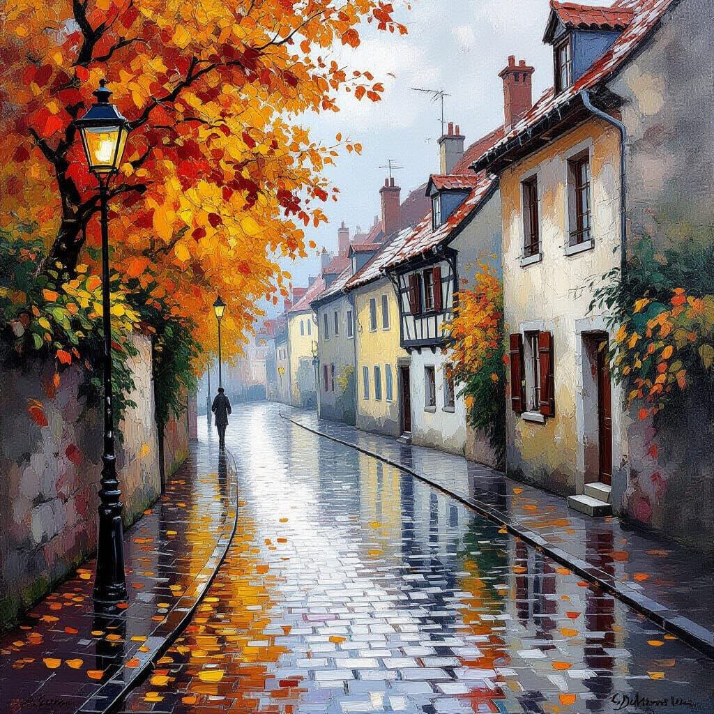 Rainy Autumn Street Scene in Impressionist Style