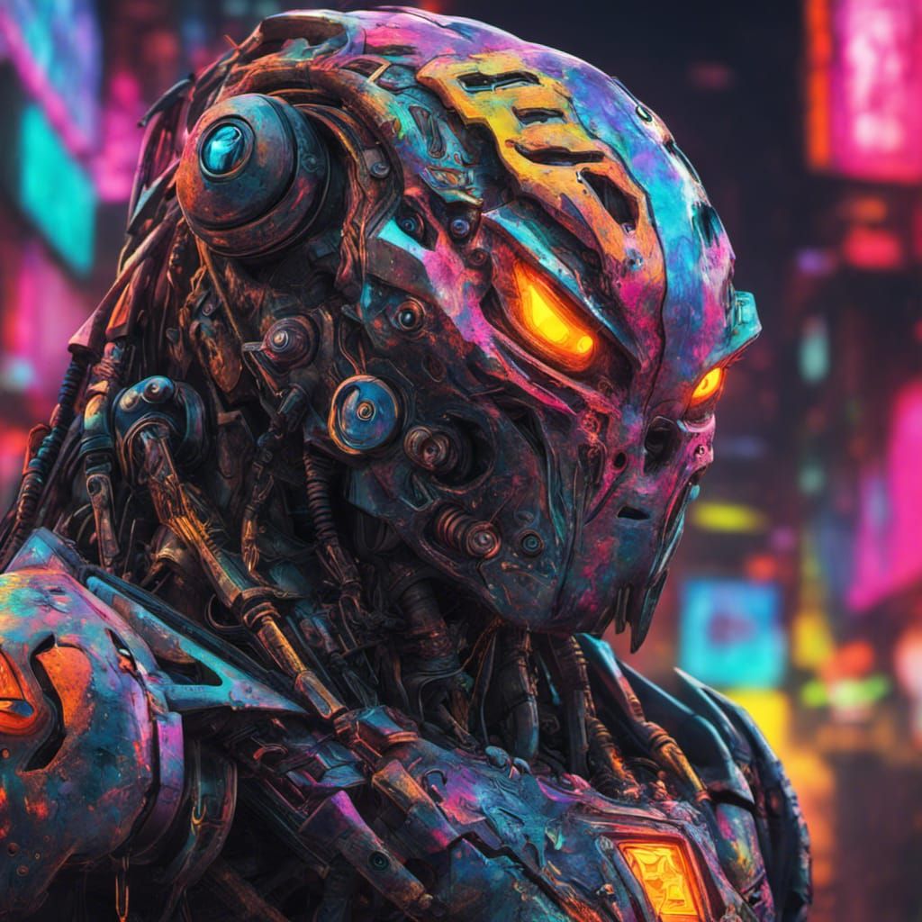 Hyperrealistic Neon Robot Monster Predator in Graffiti Art