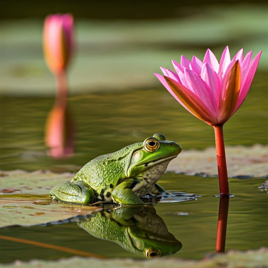 Green Frog Among Pink Lotus Flowers