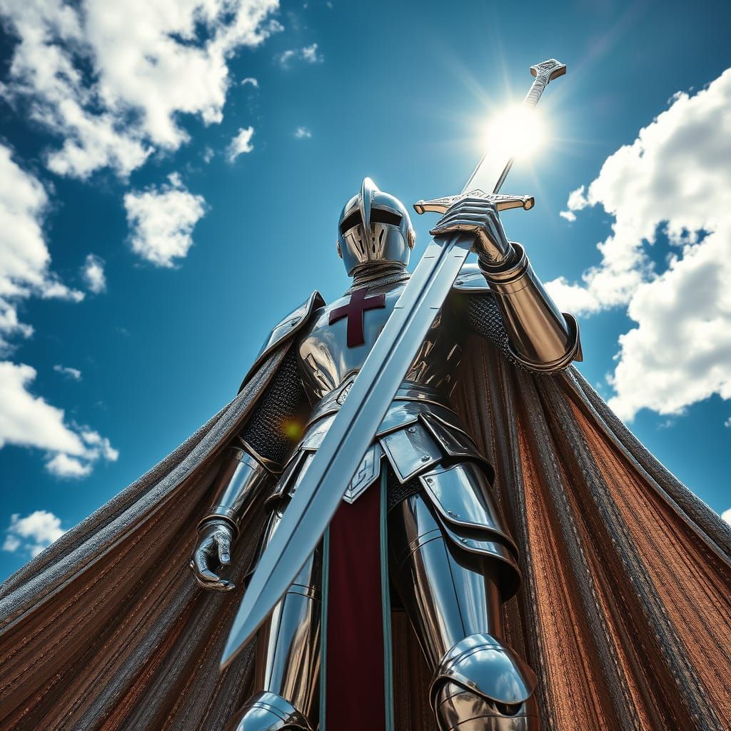 Full-body portrait of a futuristic knight in reflective chro...