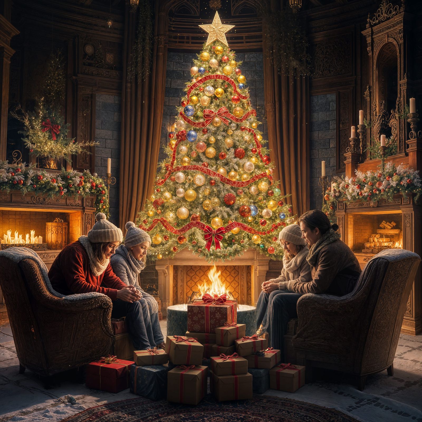 Cozy Family Christmas by Fireplace: Detailed Matte Painting