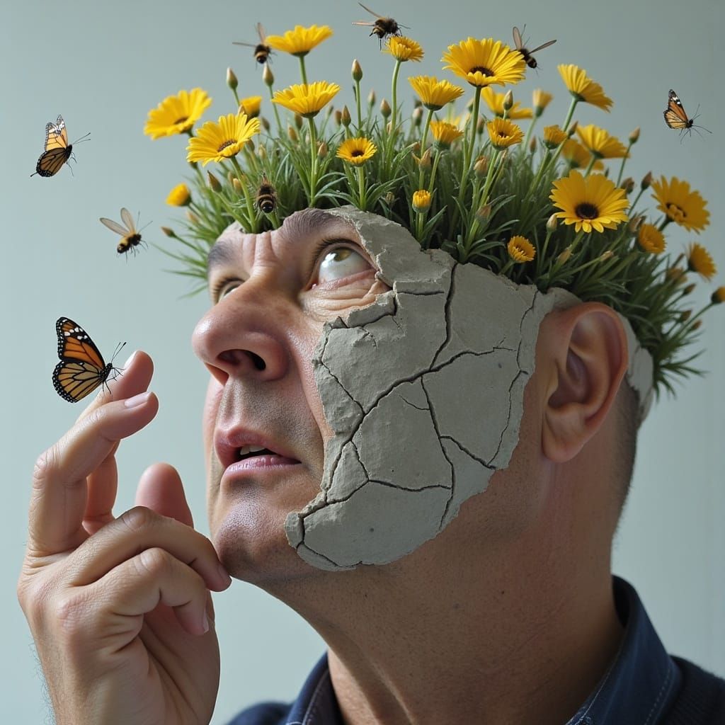 Surreal Plaster Head with Wildflowers and Insects
