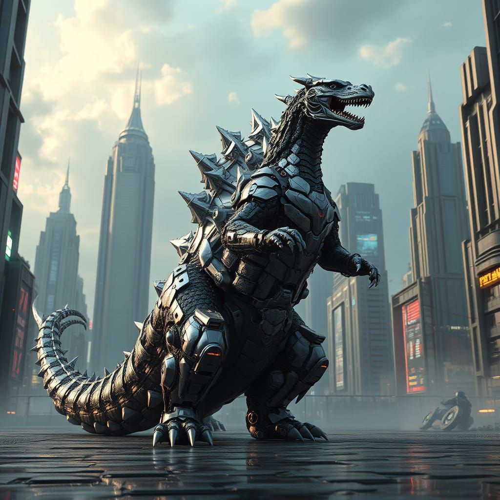 Godzilla Dragon in Futuristic Cityscape, Hyper-Realistic Sty...