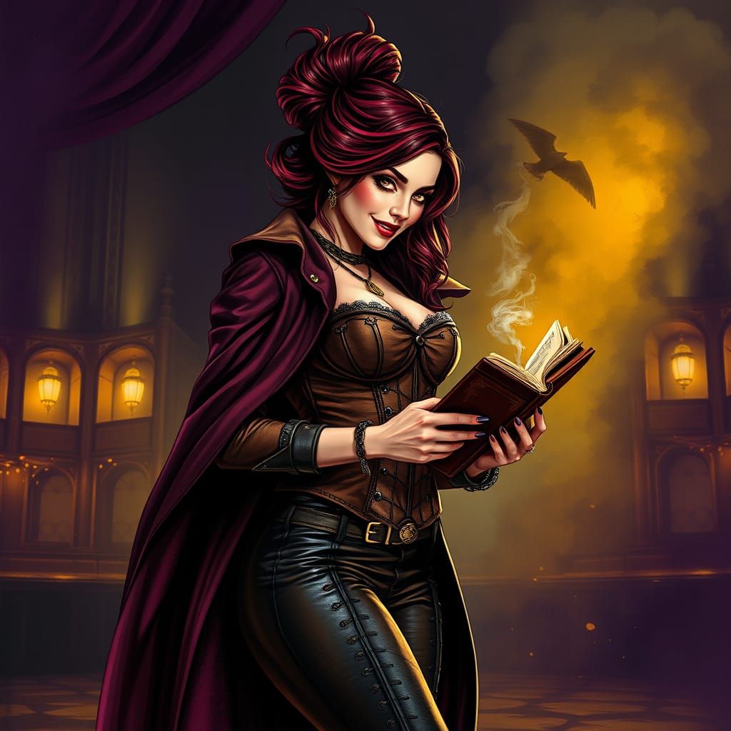 Steampunk Woman Reading on Stage, Alcohol Ink Style