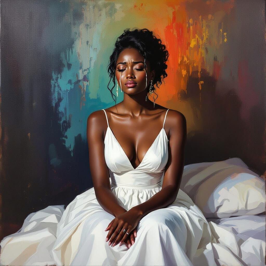 Lonely Woman in Colorful Bedroom, Expressive Art