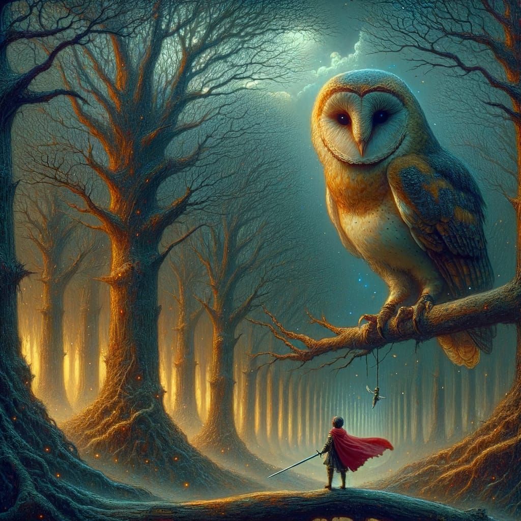 Fantasy Forest Scene with Tiny Figure and Giant Owl