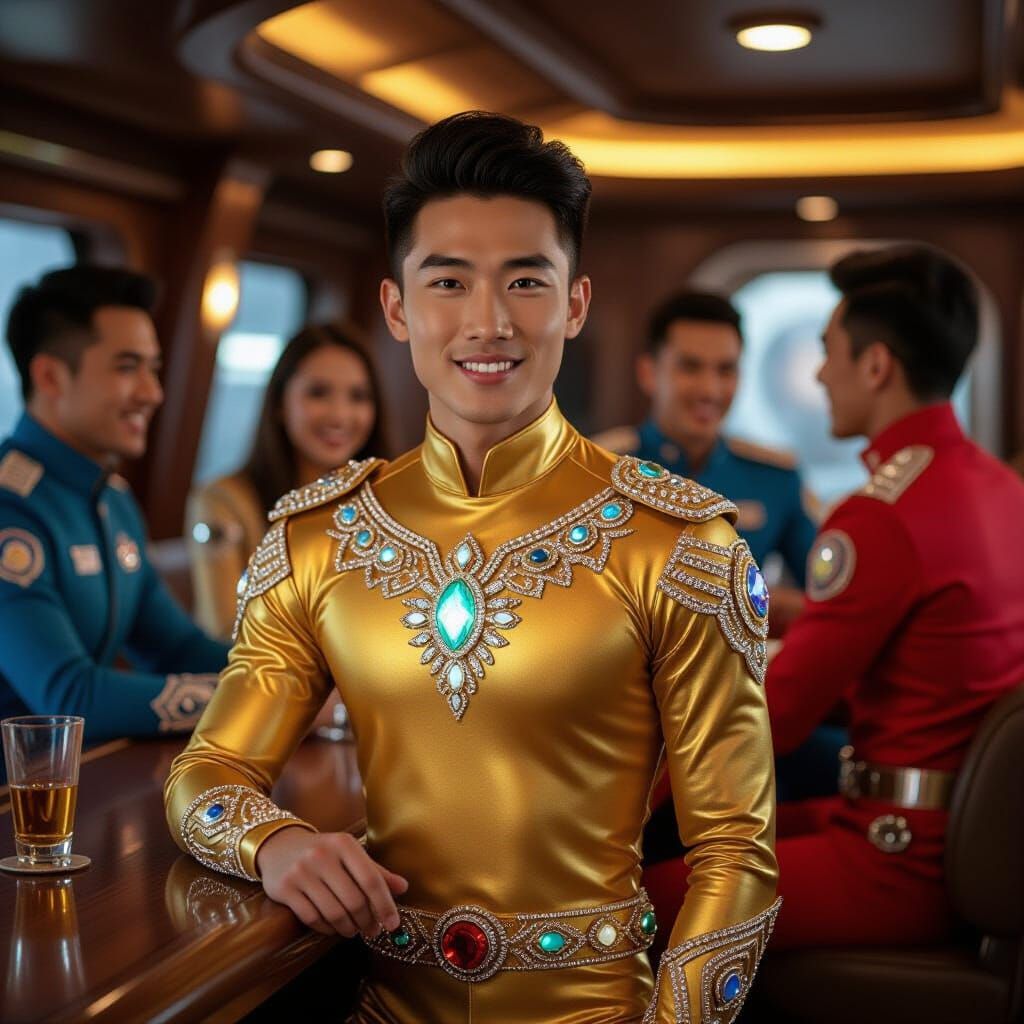 Captain in Diamond Lycra Outfit Socializing at Bar