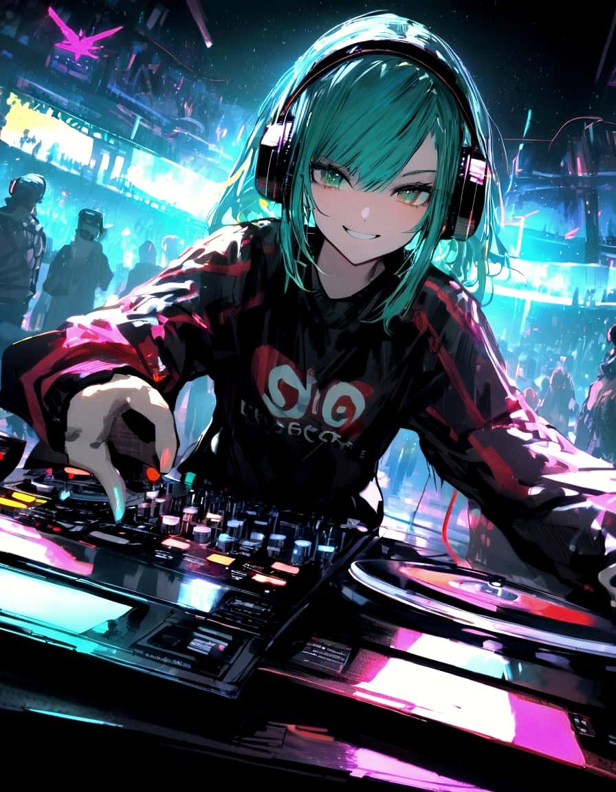 Electro DJ Girl in Teal Hair Shines at Night Rave Club