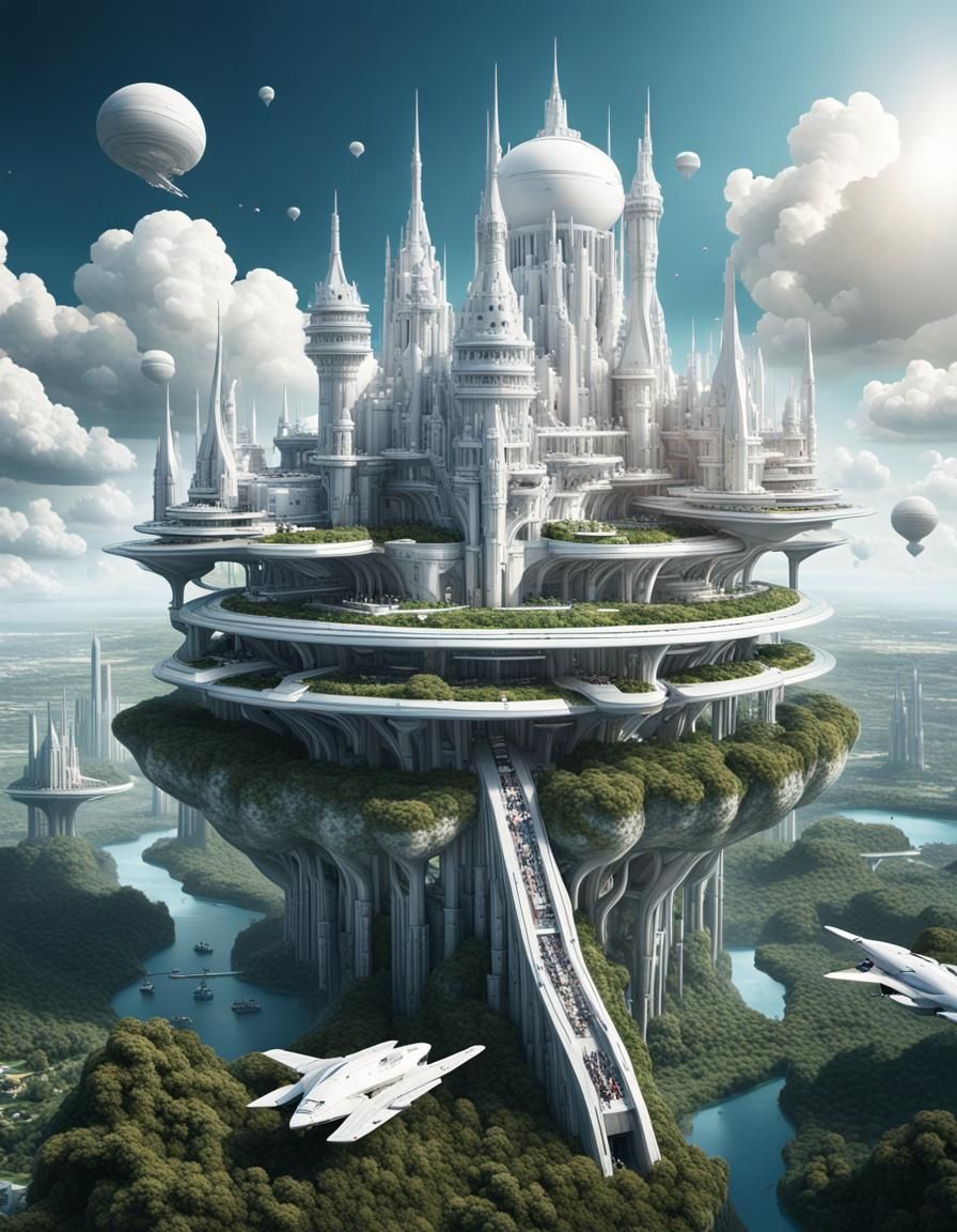 Futuristic Human Civilization with Floating Techno Castles