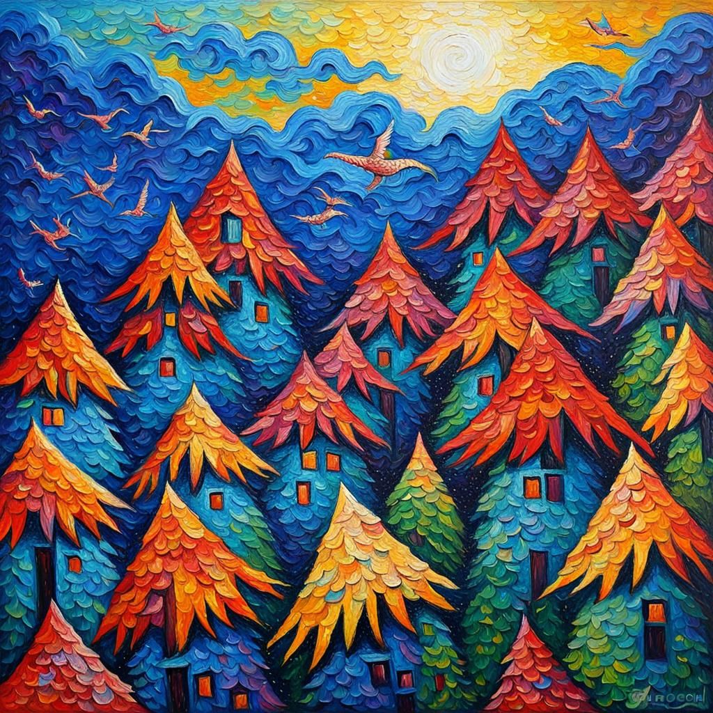 Vibrant Phoenixes in Expressionist Oil Painting
