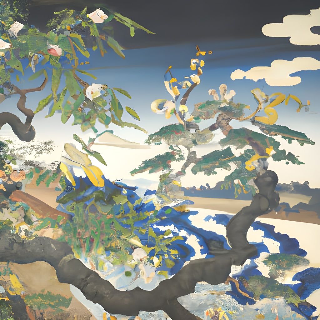 Ukiyo-e Landscape: Realistic Flowers and Trees