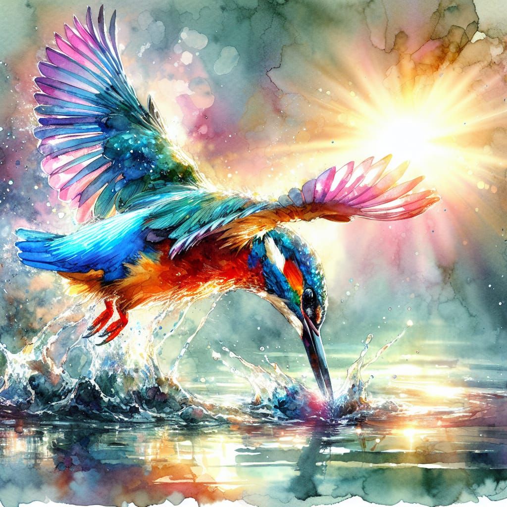 Kingfisher's Dive: Iridescent Feathers in Watercolor and Ink