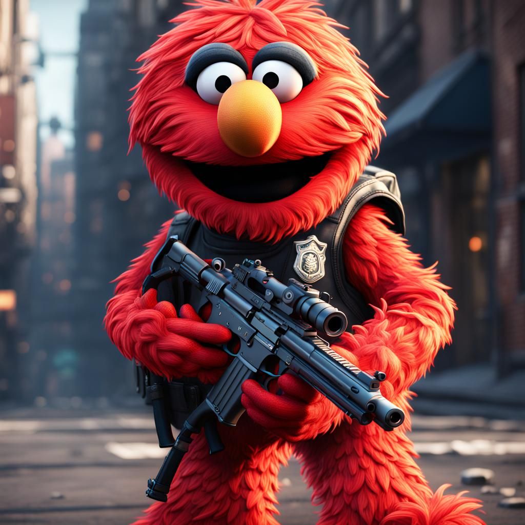 Elmo as Armed Police in Detailed Matte Painting