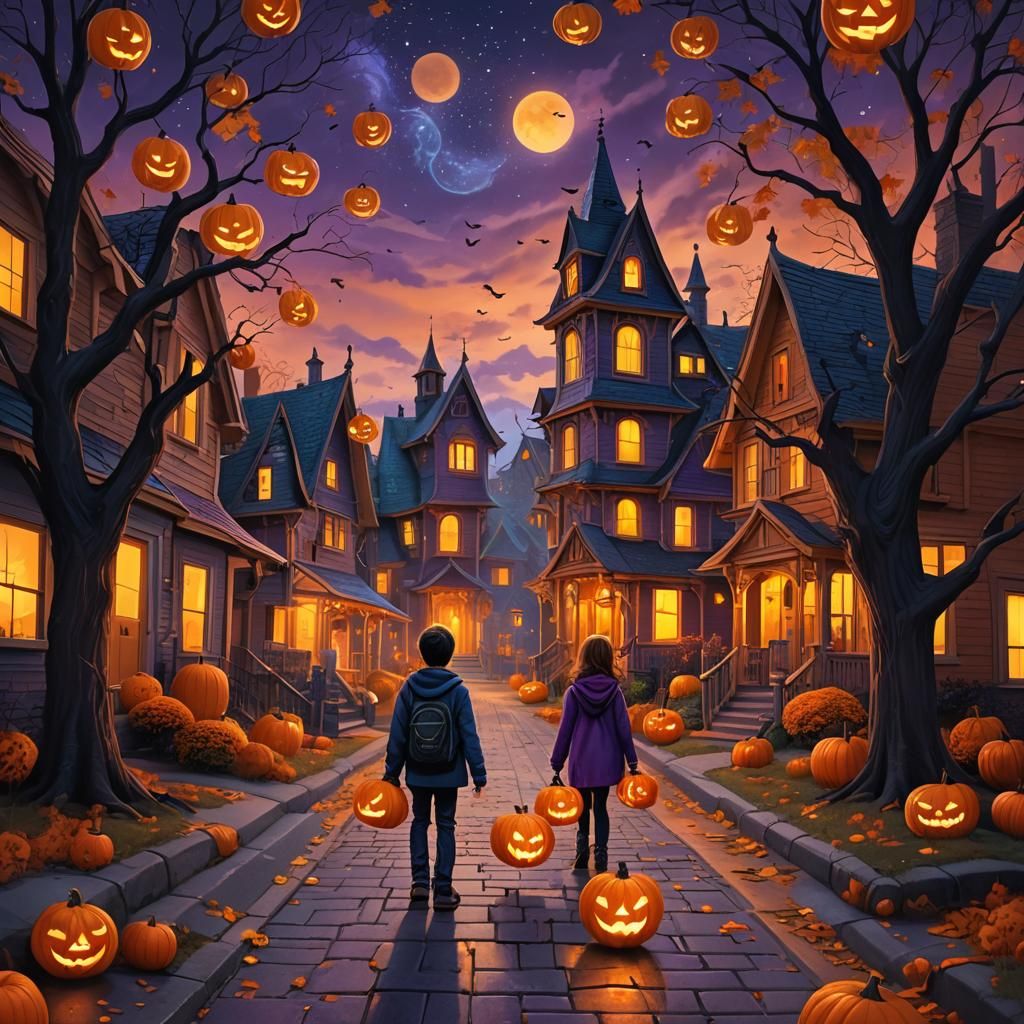 Kids Trick-or-Treating in Mystical Autumn Landscape