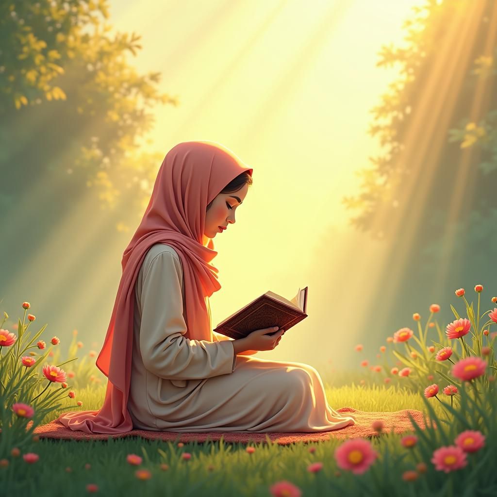 Young Woman Reading Quran in Peaceful Digital Illustration