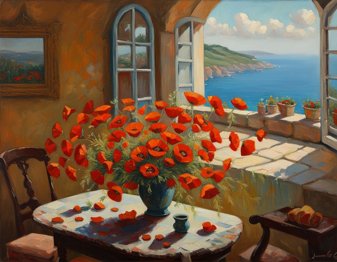 Poppy-Filled Living Room Overlooking Southern France