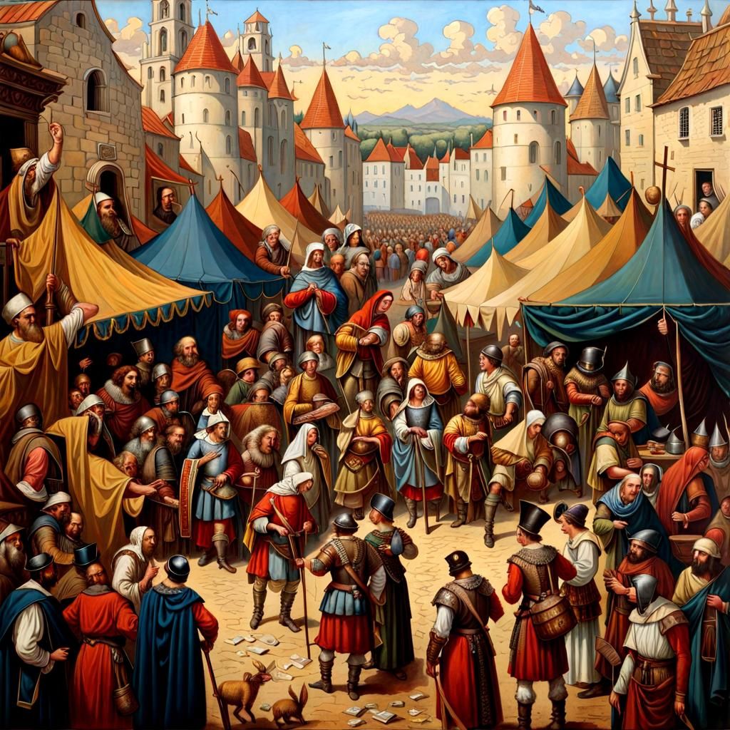 Crowded Medieval Market in Ancient Maximalism Style