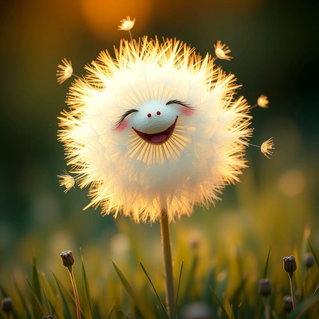 Whimsical Dandelion Creature in Golden Hour Meadow