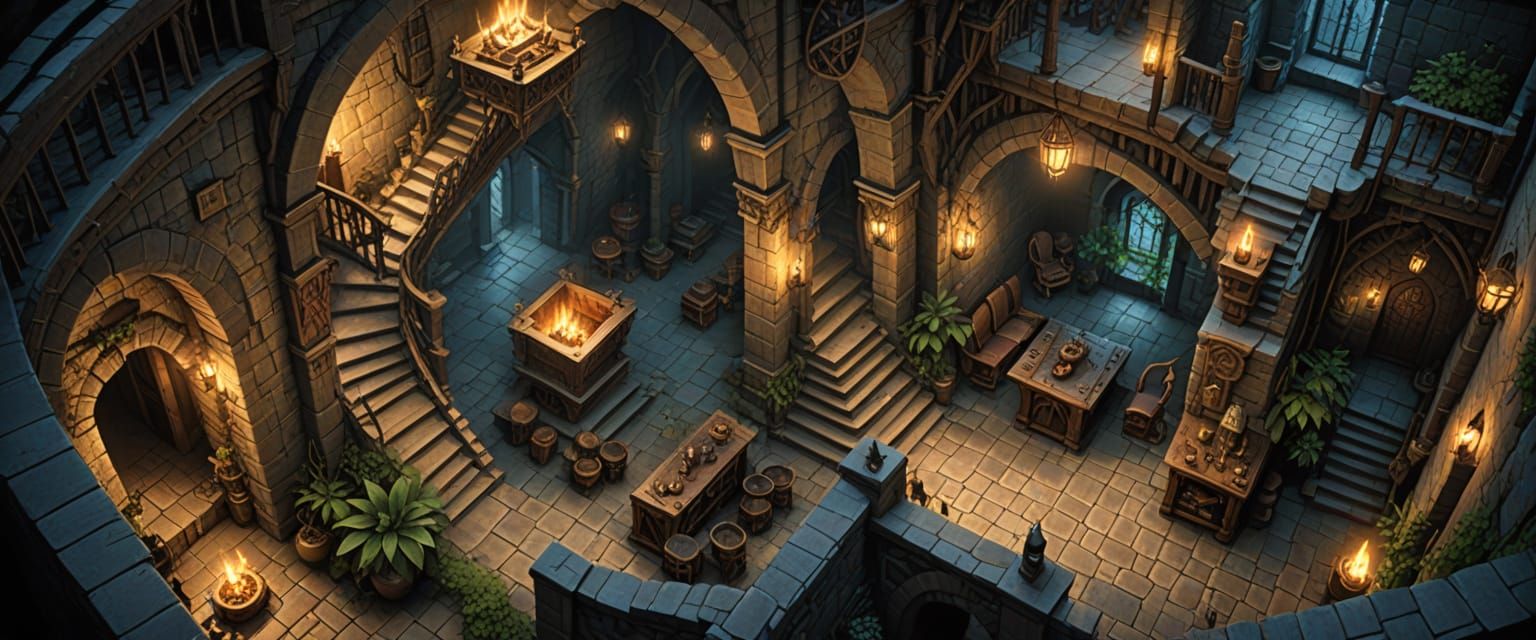 Fantasy Dungeon Floorplan with Eerie Lighting and Details