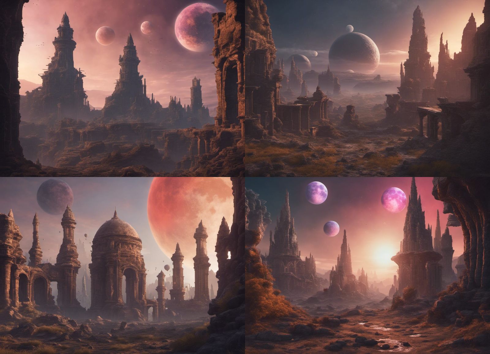 Three Giant Moons Over Ancient City at Dawn