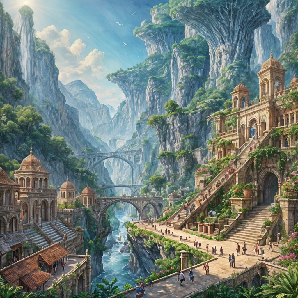 Epic Hanging Gardens of Babylon in Vibrant Gouache
