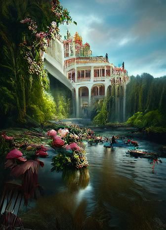 Cyberpunk Palace, River, and Flowers in Forest