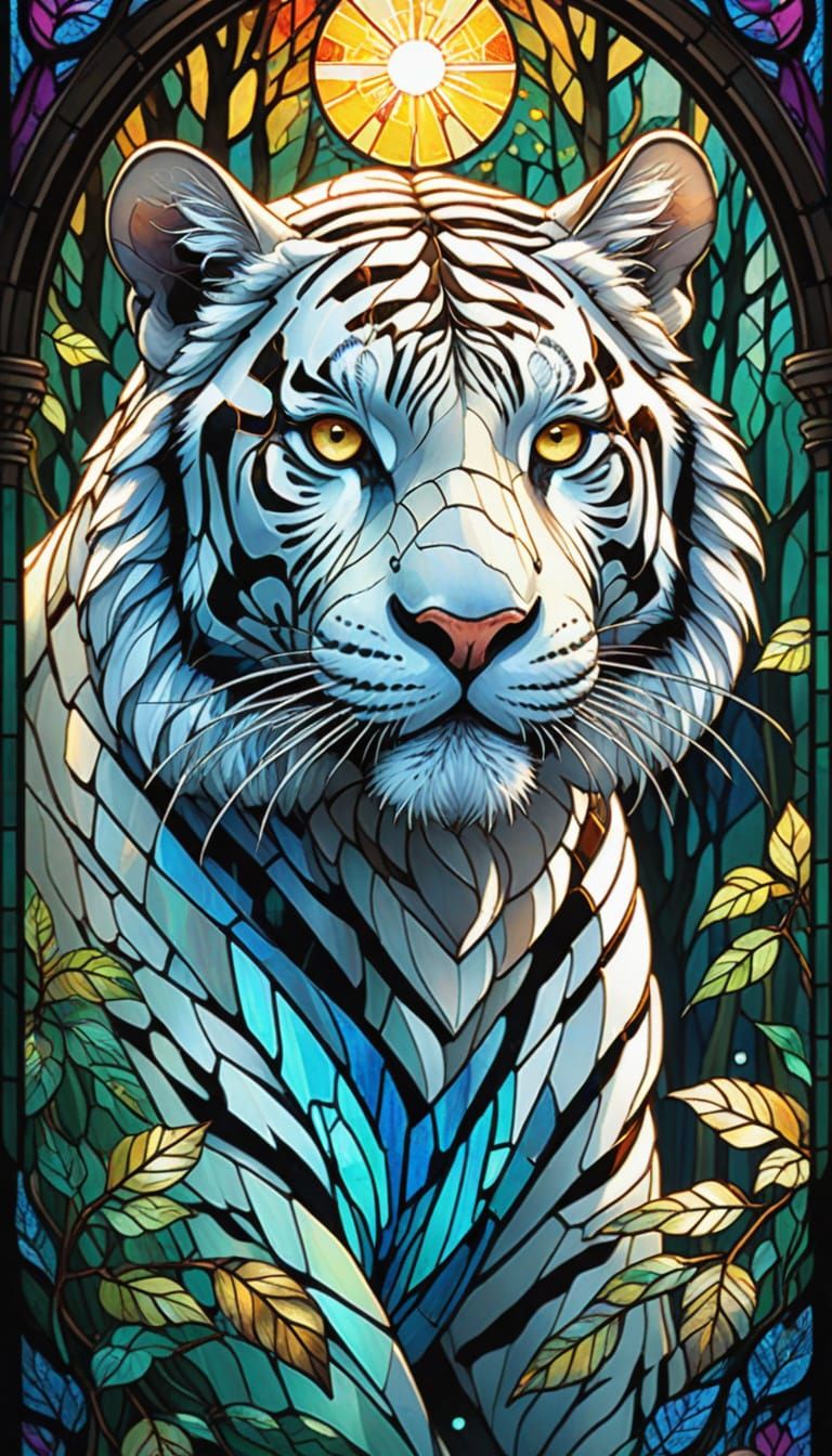 Stained Glass White Tiger in Mystic Forest