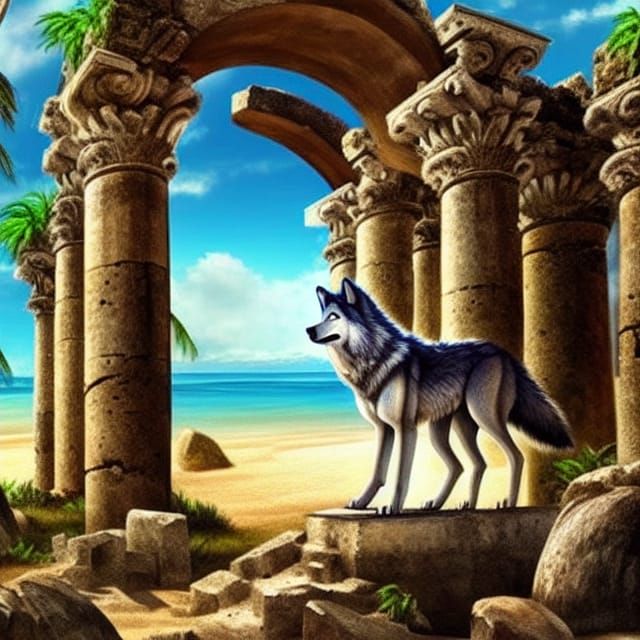 Wolf in Renaissance Ruins by Tropical Beach