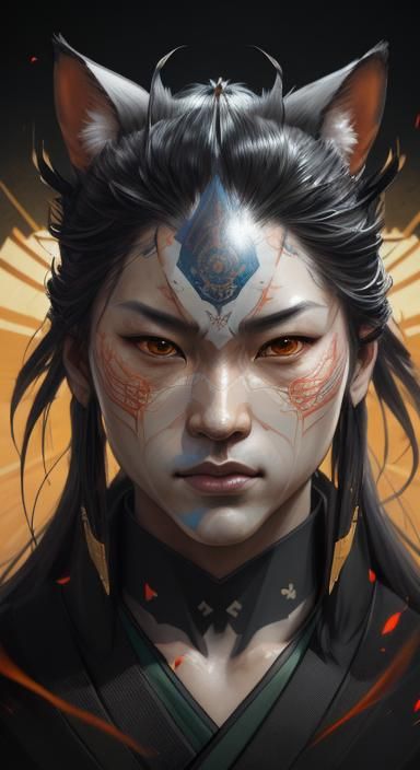 Samurai Origami Portrait with Kitsune Mask