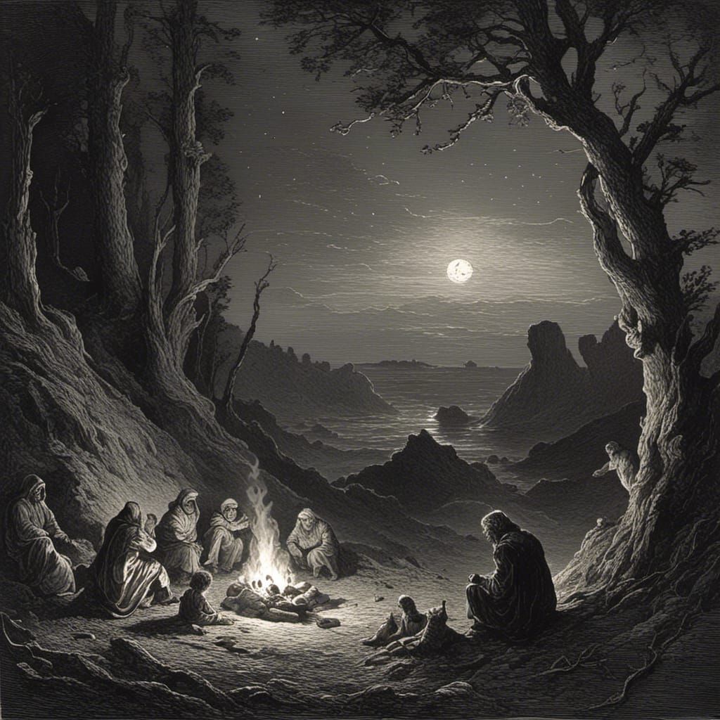 Horror Movie Campfire Scene in Doré Style