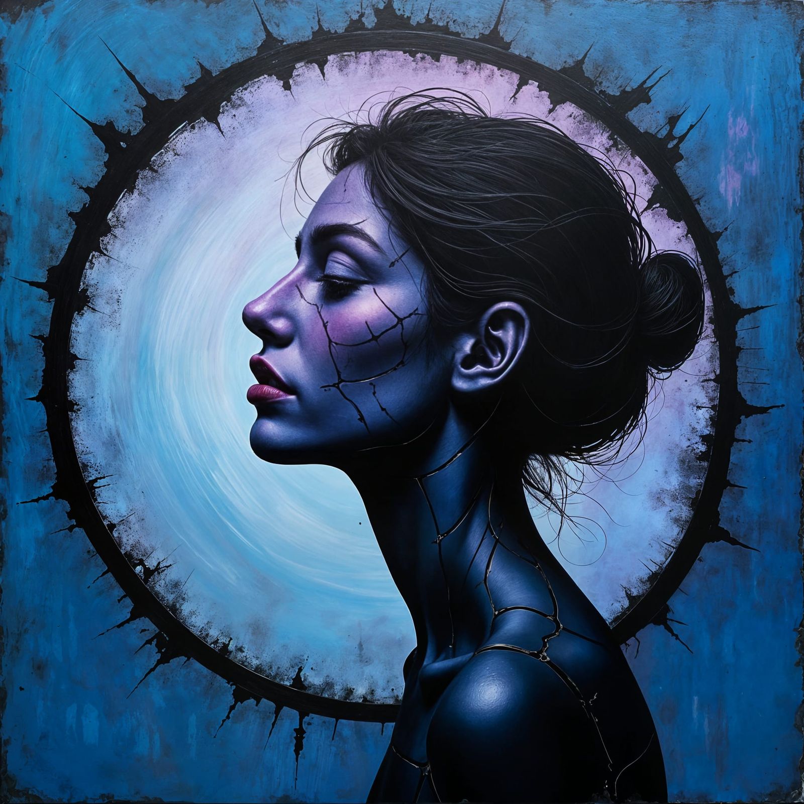 A Fragmented Woman in Muted Blues and Purples