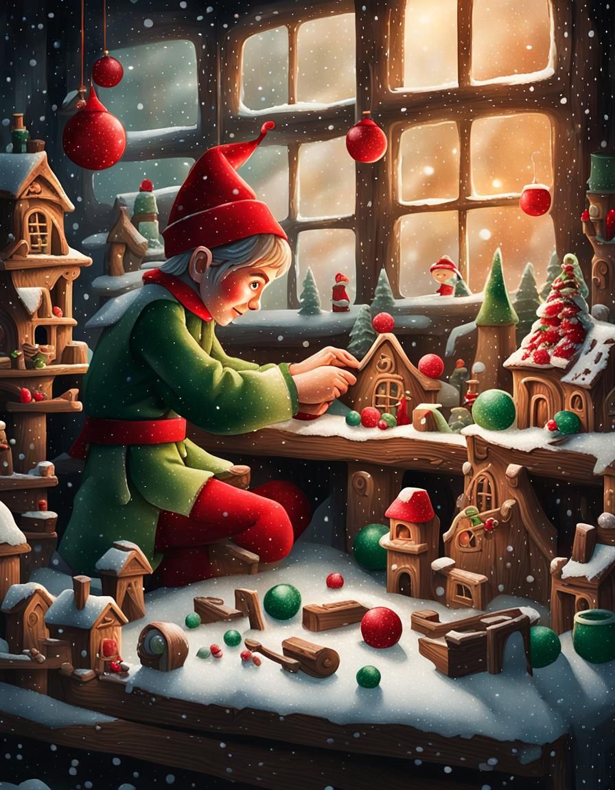 Whimsical Christmas Elf in Cozy Snowy Workshop