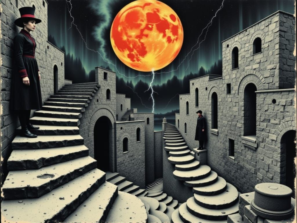 Queen, Hatter, and Alice in Escher-Klimt Dreamscape