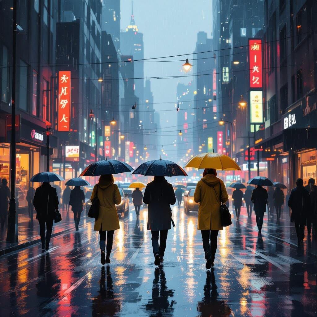 Rainy City Rush Hour in Futuristic Style