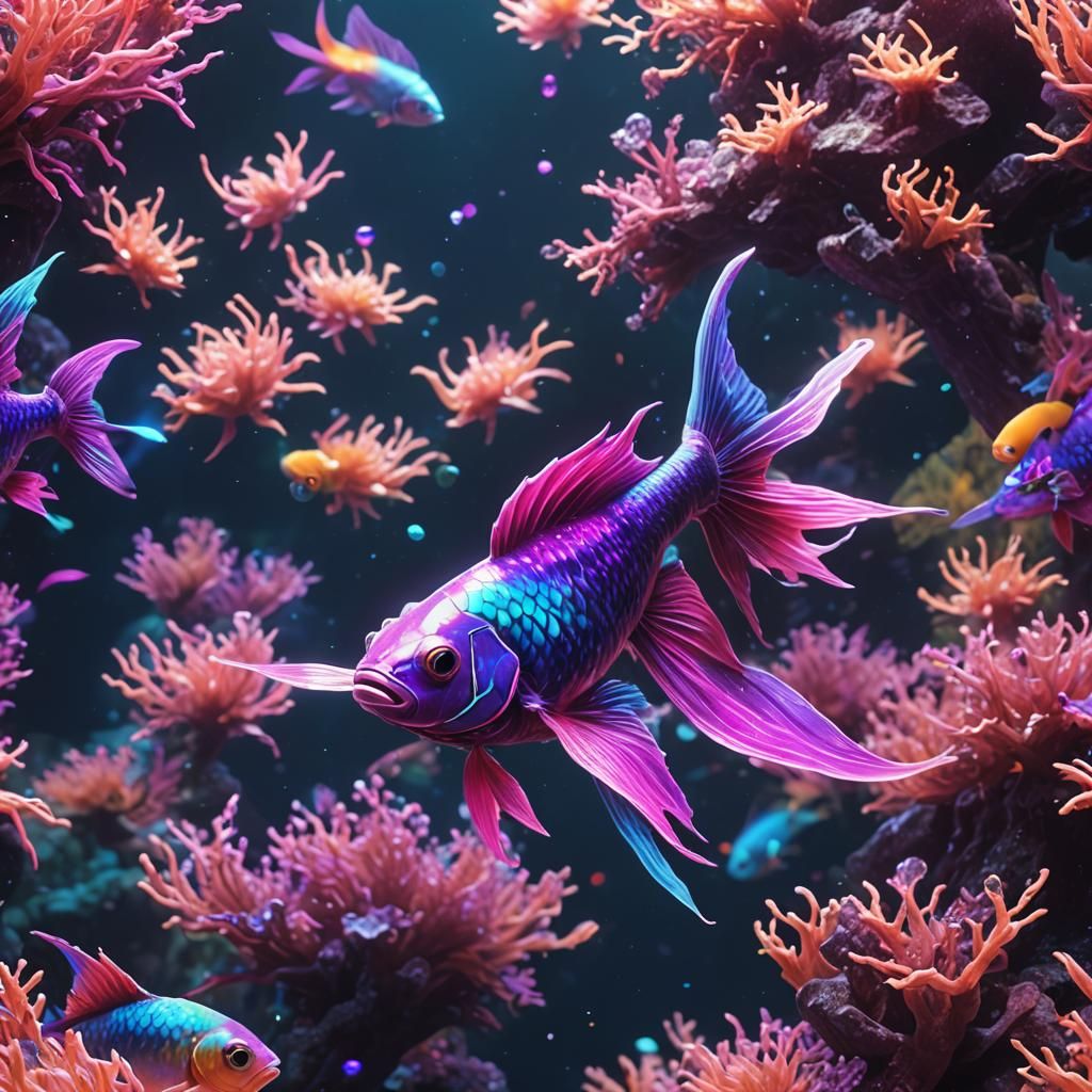Neon Fish in Dark Underworld: Digital Art