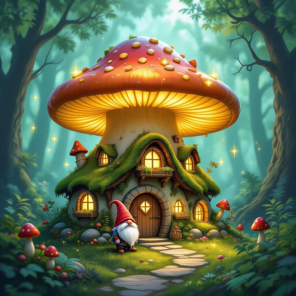 Enchanting Gnome Village in Glowing Mushroom Forest