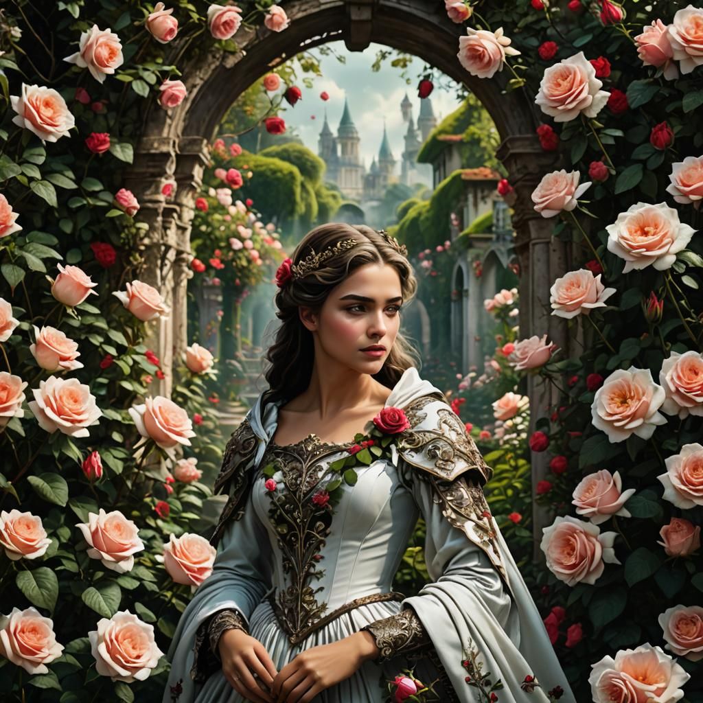 Woman in Rose Garden with Bird: Fantasy Art