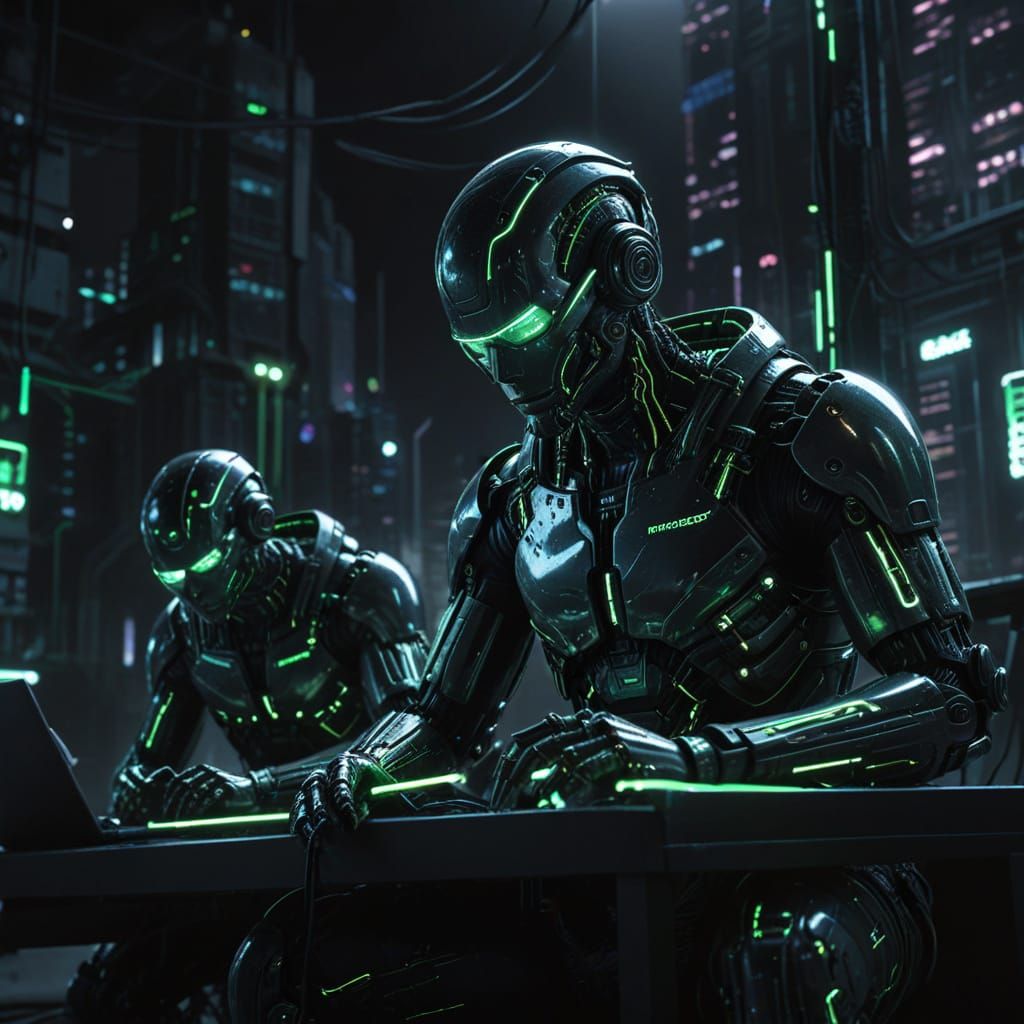 Androids Coding in Neon Cyberpunk Cityscape
