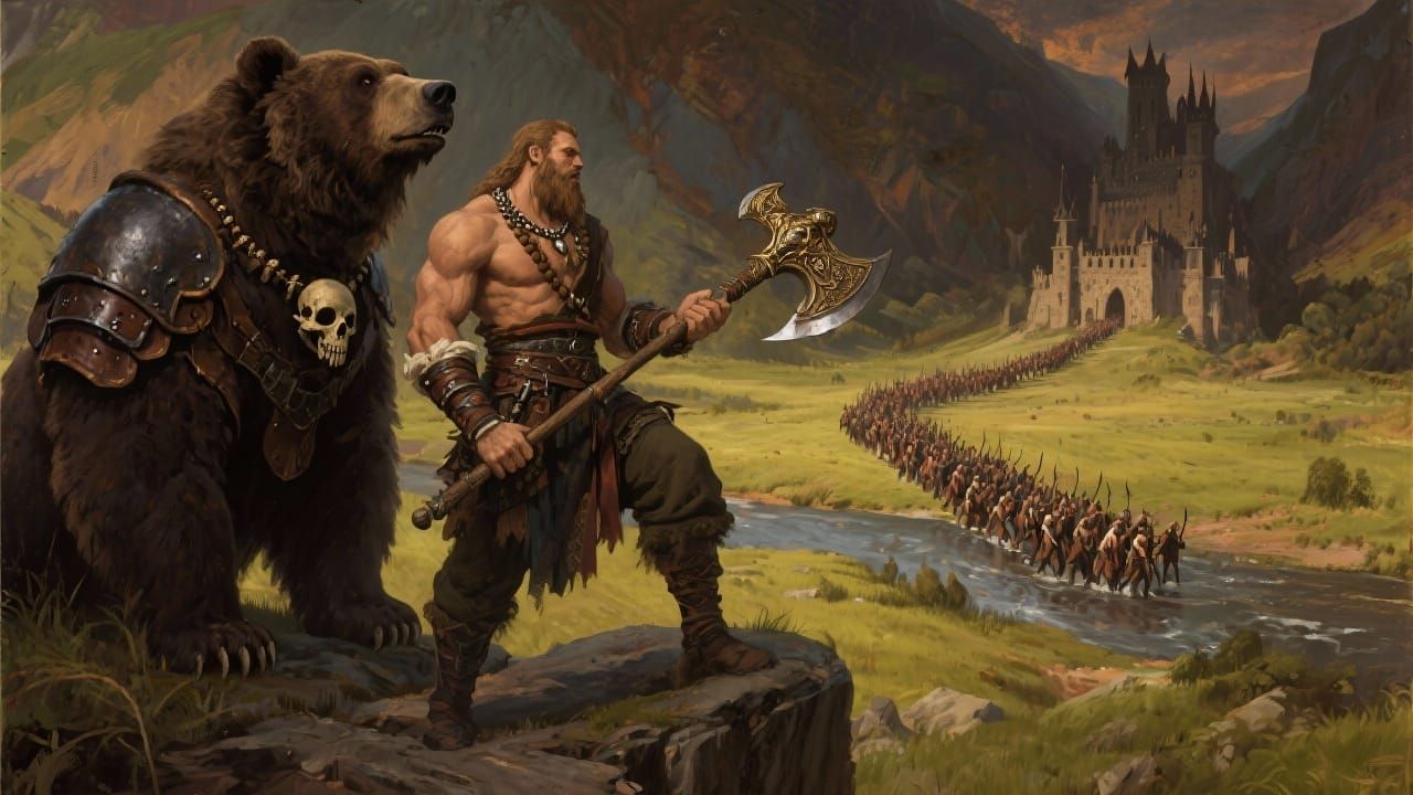 Barbarian General and Grizzly Bear on Cliff Overlooking Army
