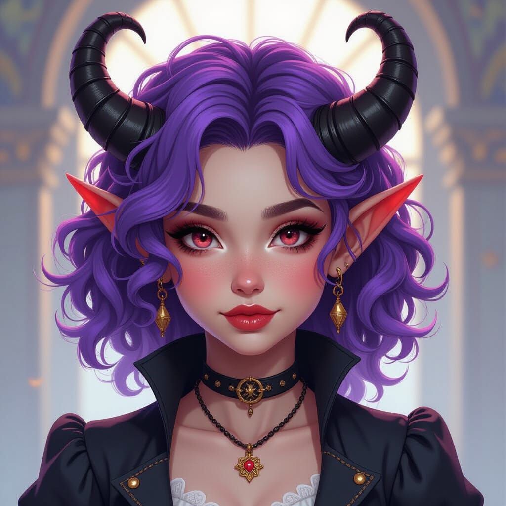 Chubby Tiefling Bard with Lavender Hair and Red Eyes