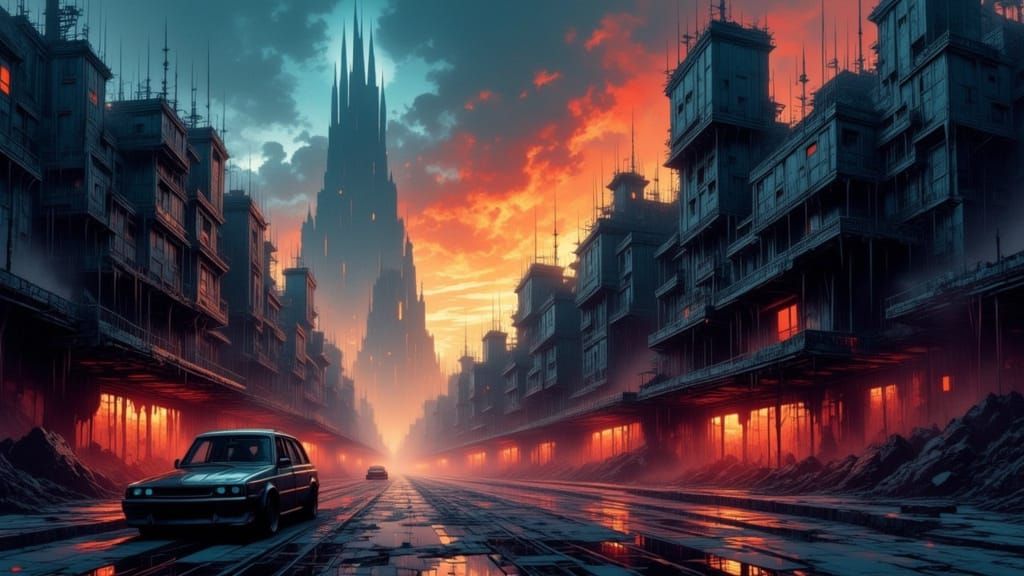 Dystopian Cityscape in Brutalist and Studio Bebop Style