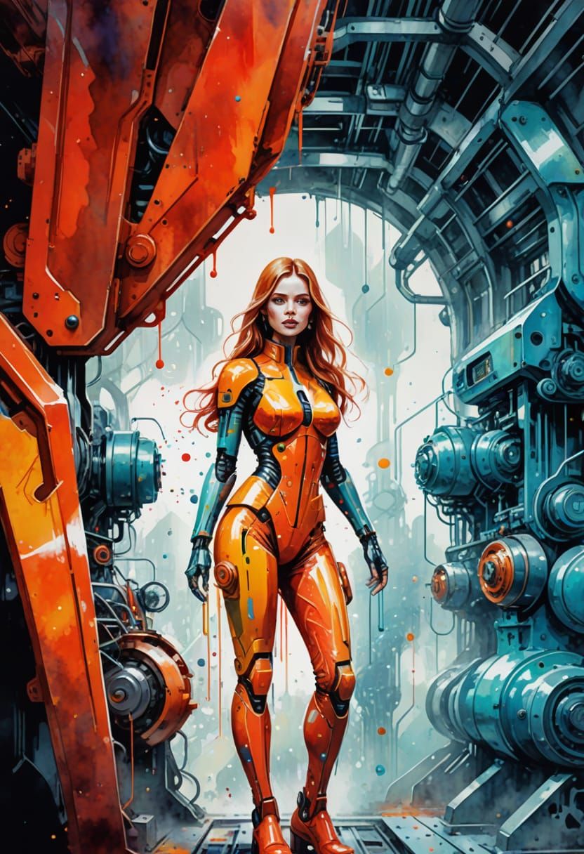 Voluptuous Woman in a Futuristic Factory: Watercolor Style