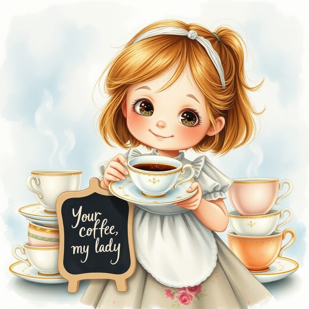 Whimsical Girl with Coffee Cup in Watercolor Style