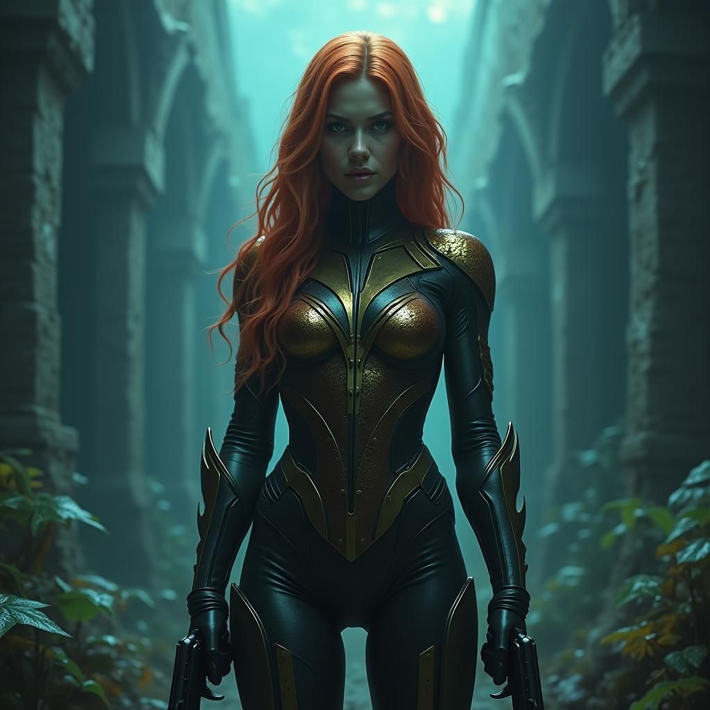 Auburn Woman in Aquaman Bodysuit in Eerie Ruins