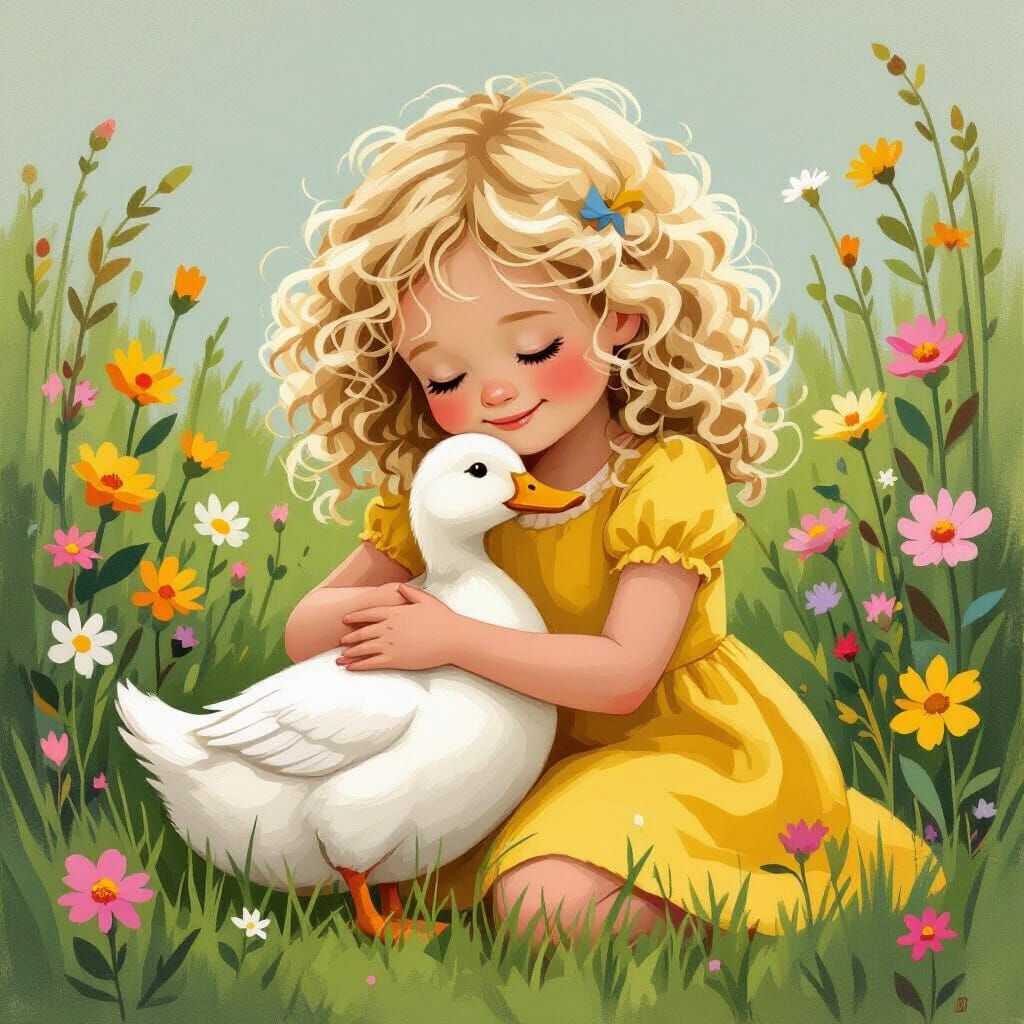 Girl Hugs Duck in Whimsical Garden, Beatrix Potter Style
